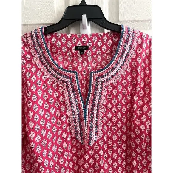 TALBOTS Women's Pink White Medallion Foulard Embroidered Tunic Top - Picture 2 of 9